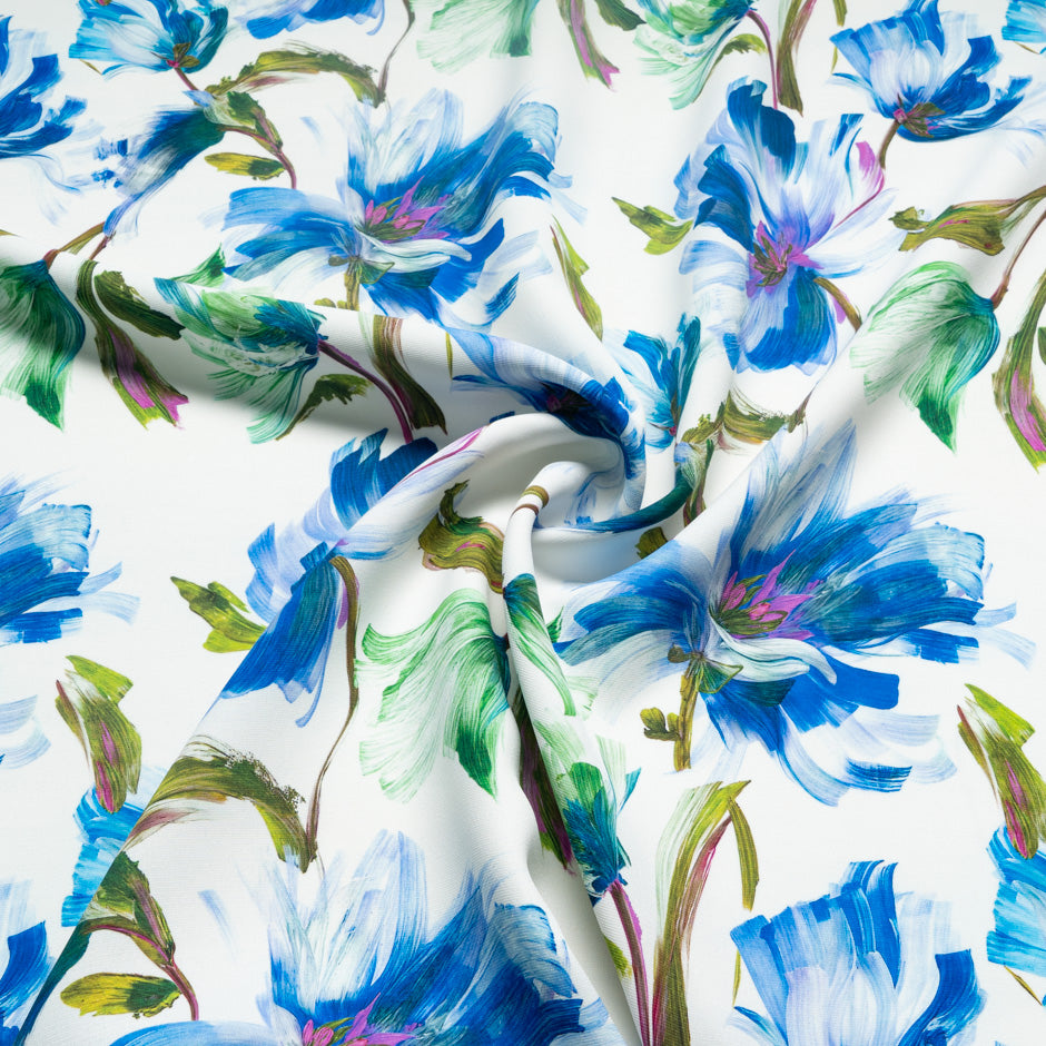 Blue Abstract Floral Printed Silk Marocain Crêpe