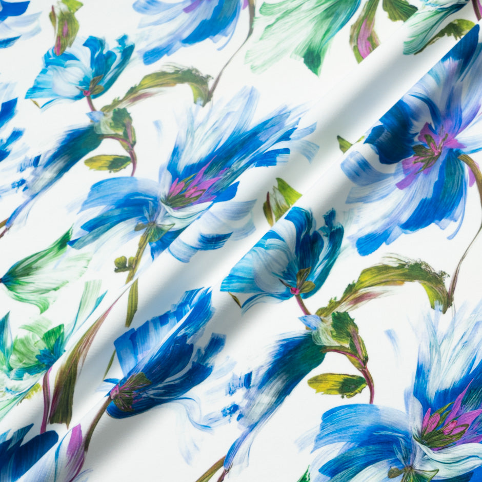 Blue Abstract Floral Printed Silk Marocain Crêpe