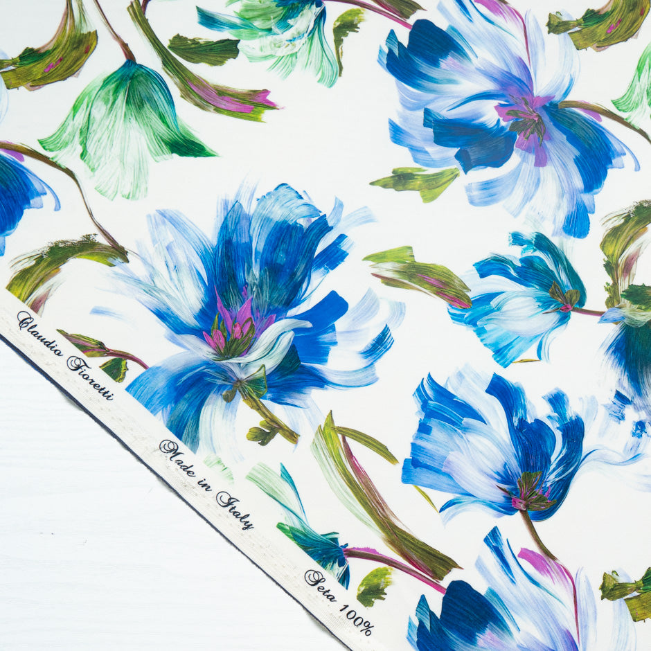 Blue Abstract Floral Printed Silk Marocain Crêpe