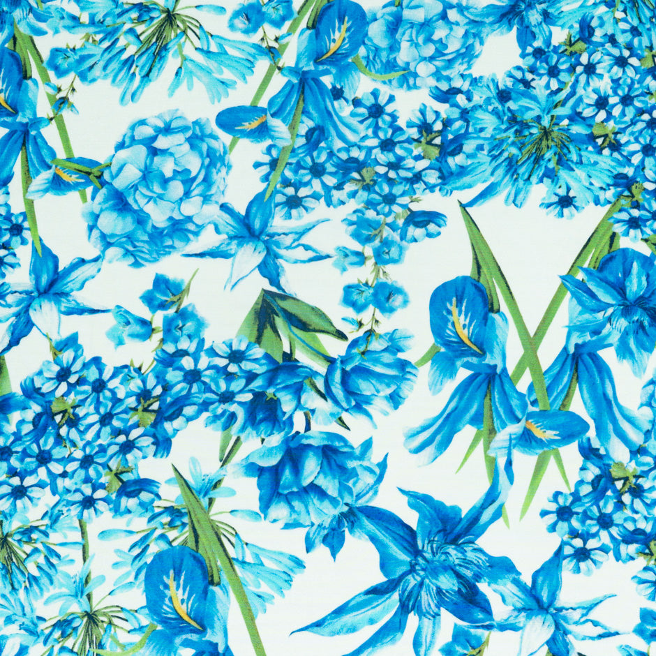 Blue Multi Floral Printed Silk Marocain Crêpe (A 2m Piece)