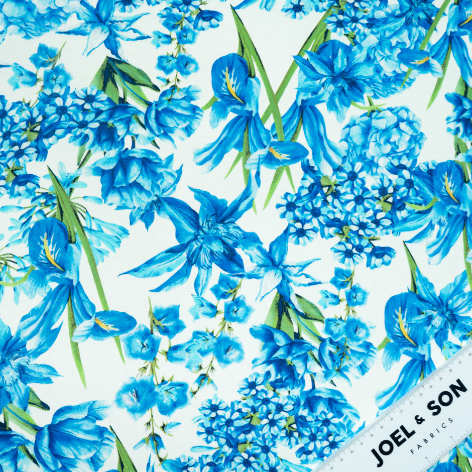 Blue Multi Floral Printed Silk Marocain Crêpe (A 2m Piece)