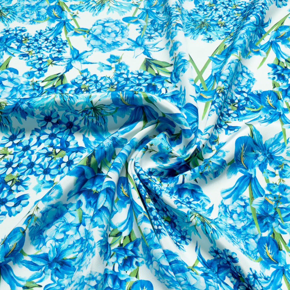 Blue Multi Floral Printed Silk Marocain Crêpe (A 2m Piece)