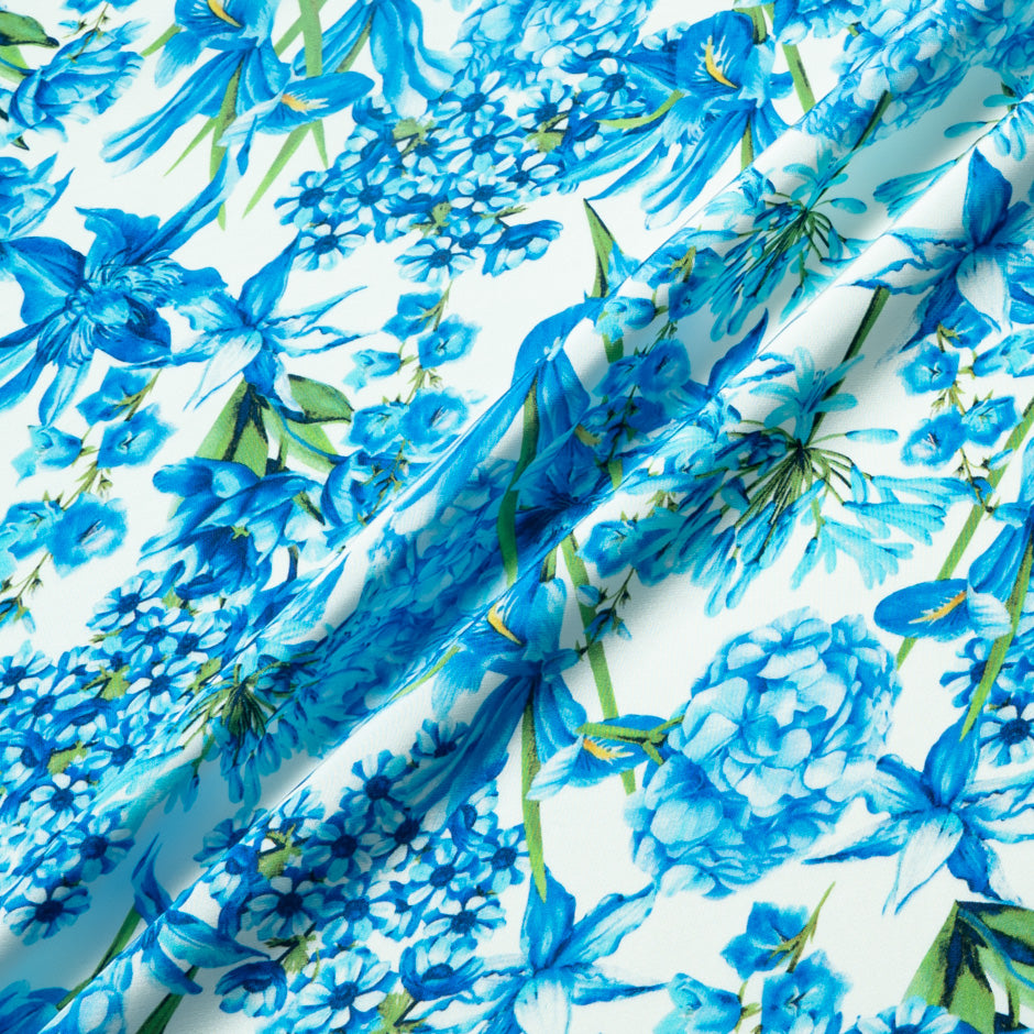 Blue Multi Floral Printed Silk Marocain Crêpe (A 2m Piece)