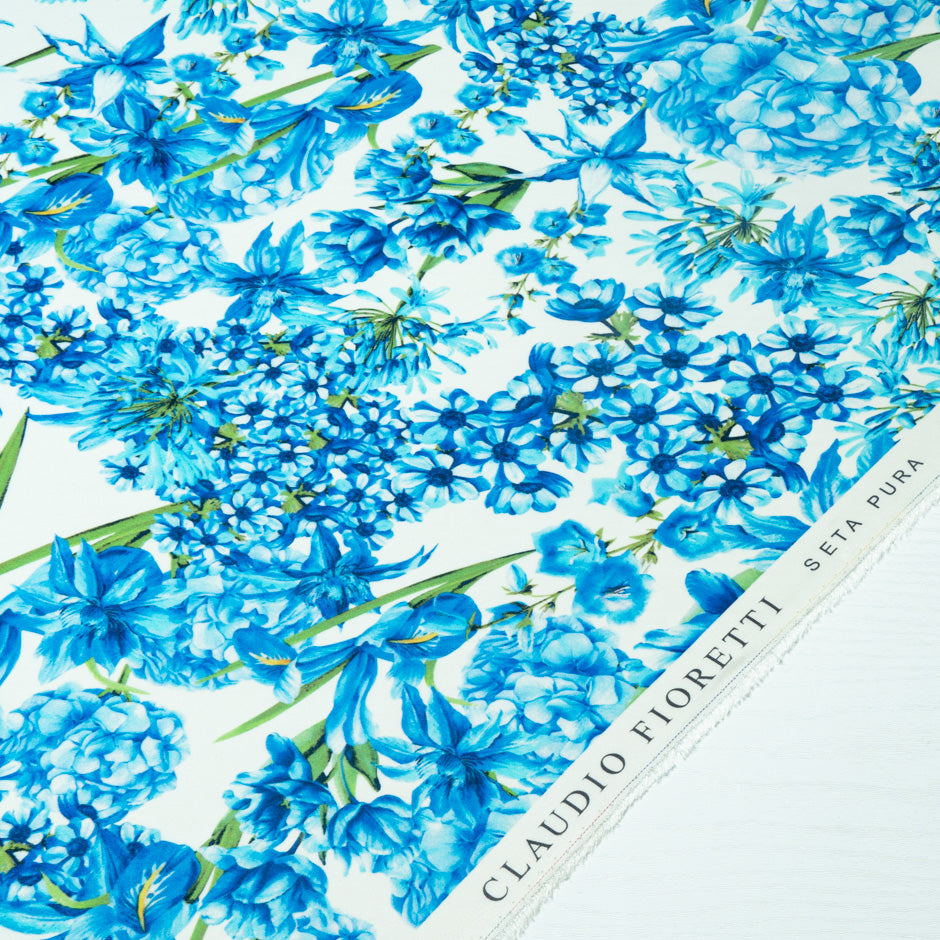 Blue Multi Floral Printed Silk Marocain Crêpe (A 2m Piece)