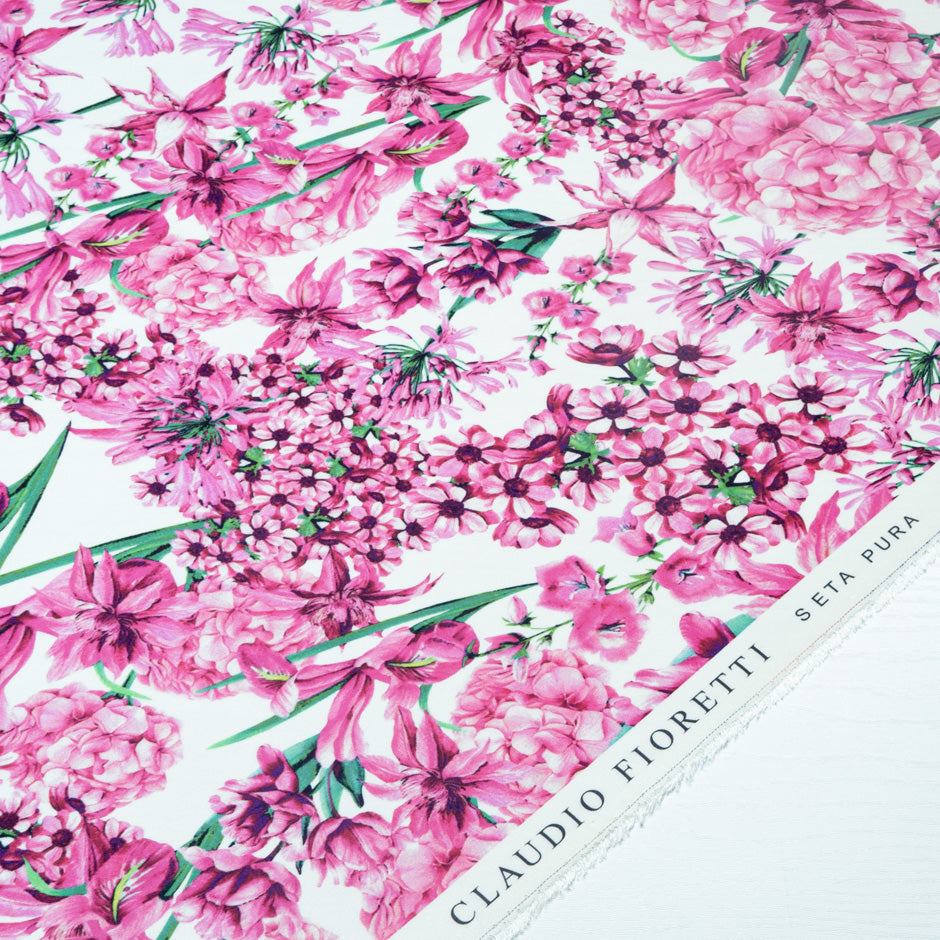 Pink Multi Floral Printed Silk Marocain Crêpe