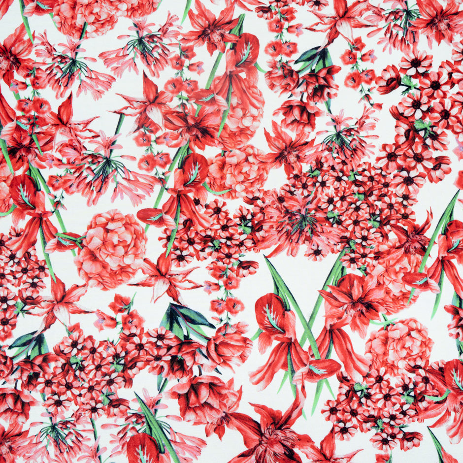 Red Multi Floral Printed Silk Marocain Crêpe