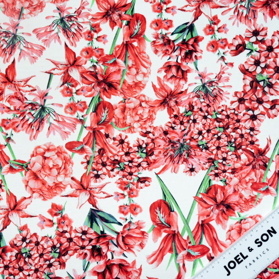 Red Multi Floral Printed Silk Marocain Crêpe