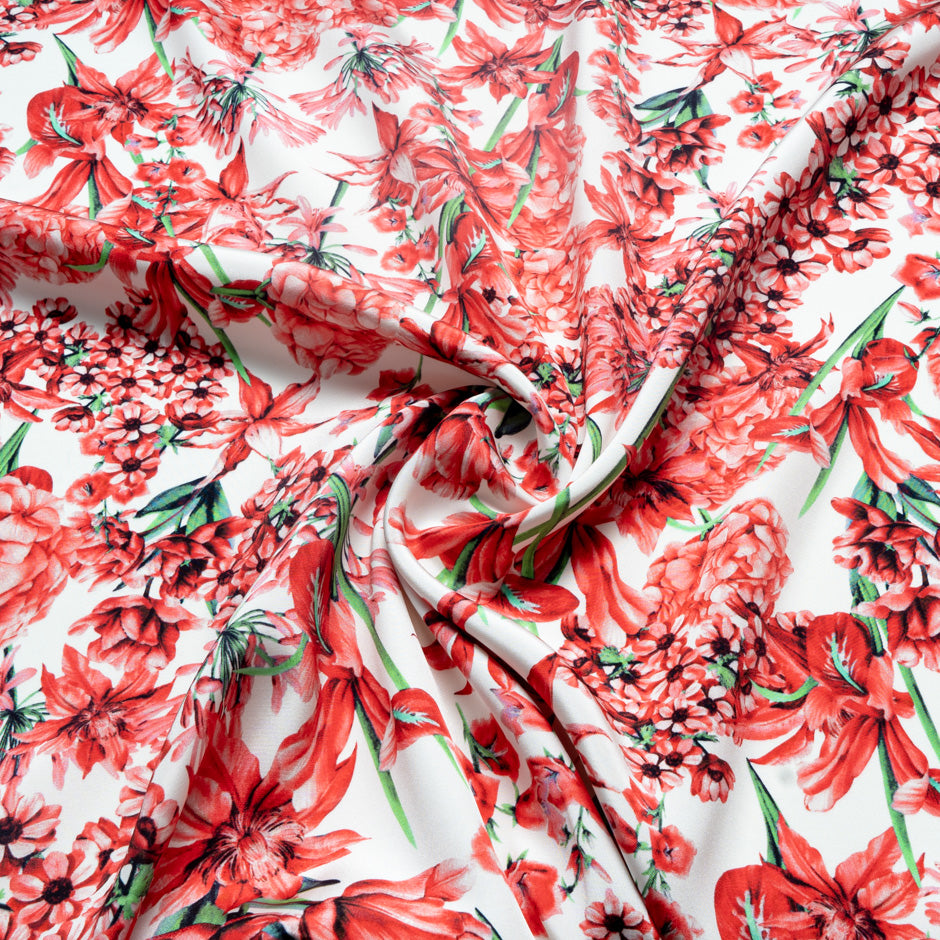 Red Multi Floral Printed Silk Marocain Crêpe