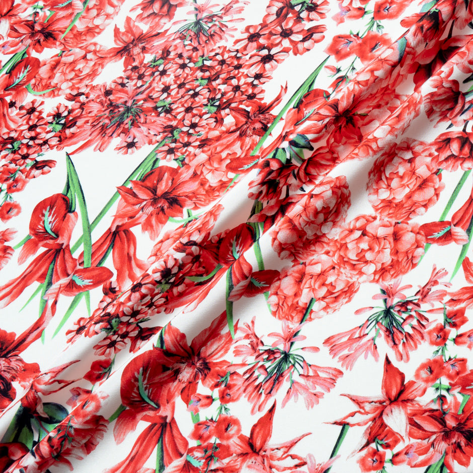 Red Multi Floral Printed Silk Marocain Crêpe
