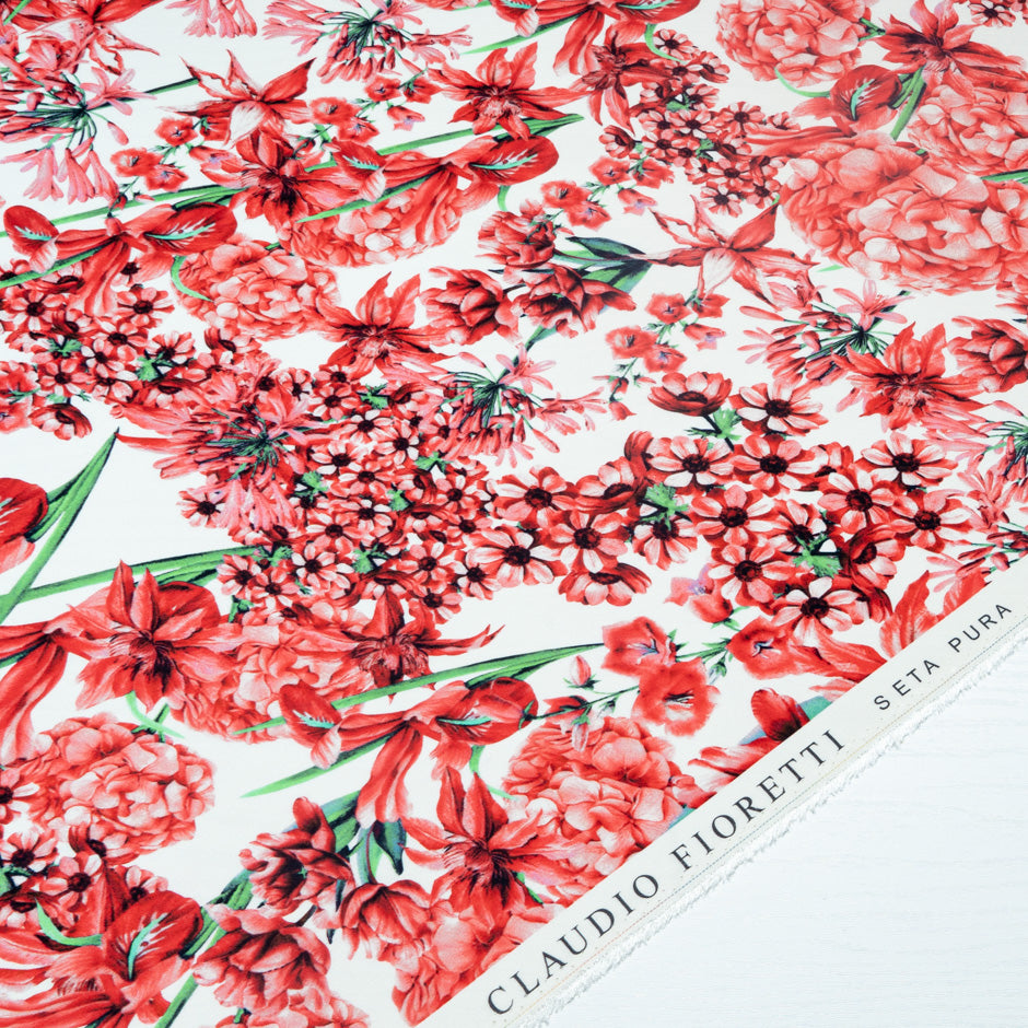 Red Multi Floral Printed Silk Marocain Crêpe