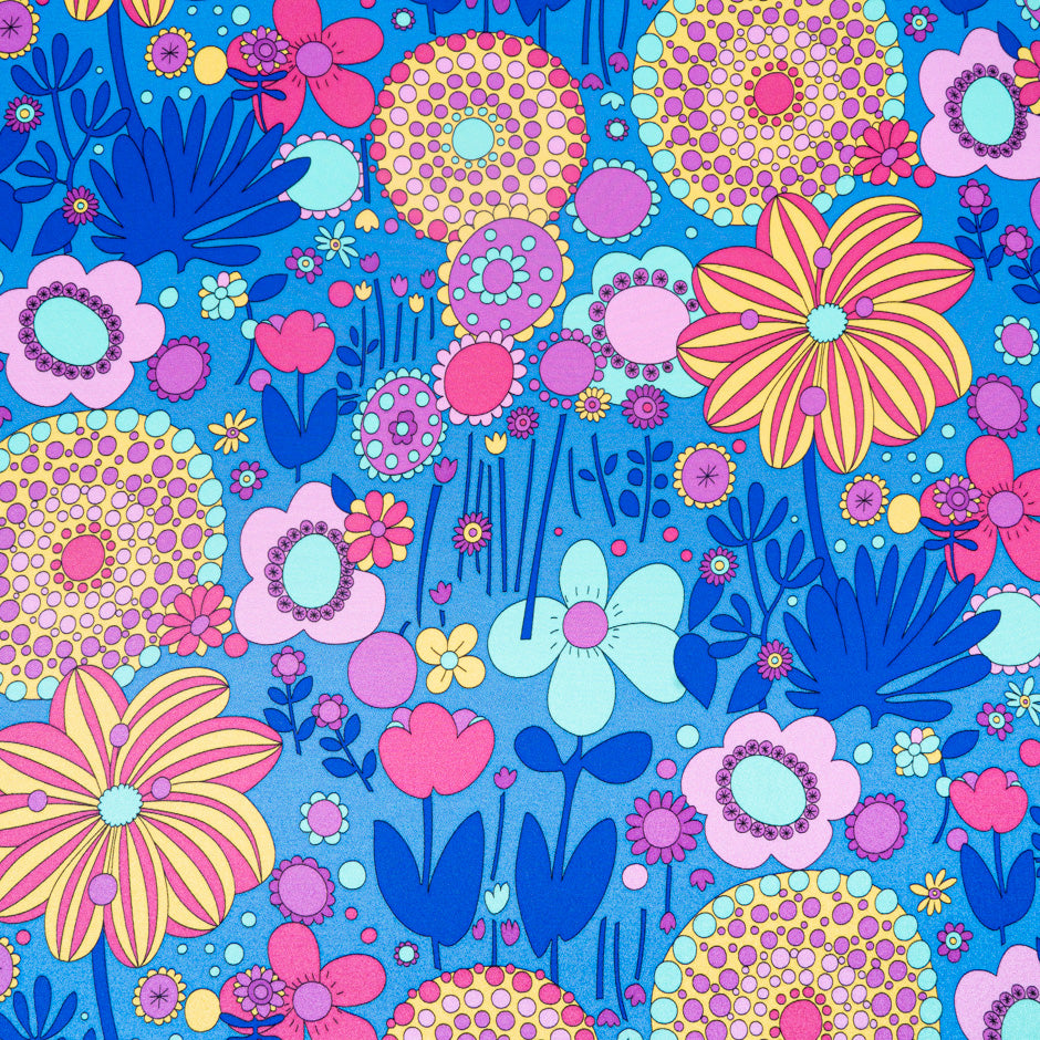 Multi-Coloured Retro Printed Blue Silk Crêpe