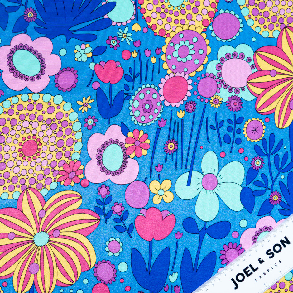 Multi-Coloured Retro Printed Blue Silk Crêpe