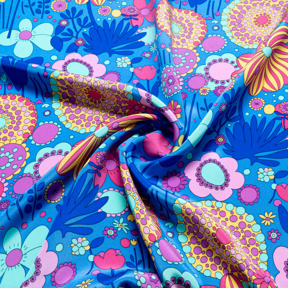 Multi-Coloured Retro Printed Blue Silk Crêpe