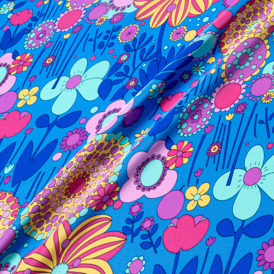 Multi-Coloured Retro Printed Blue Silk Crêpe
