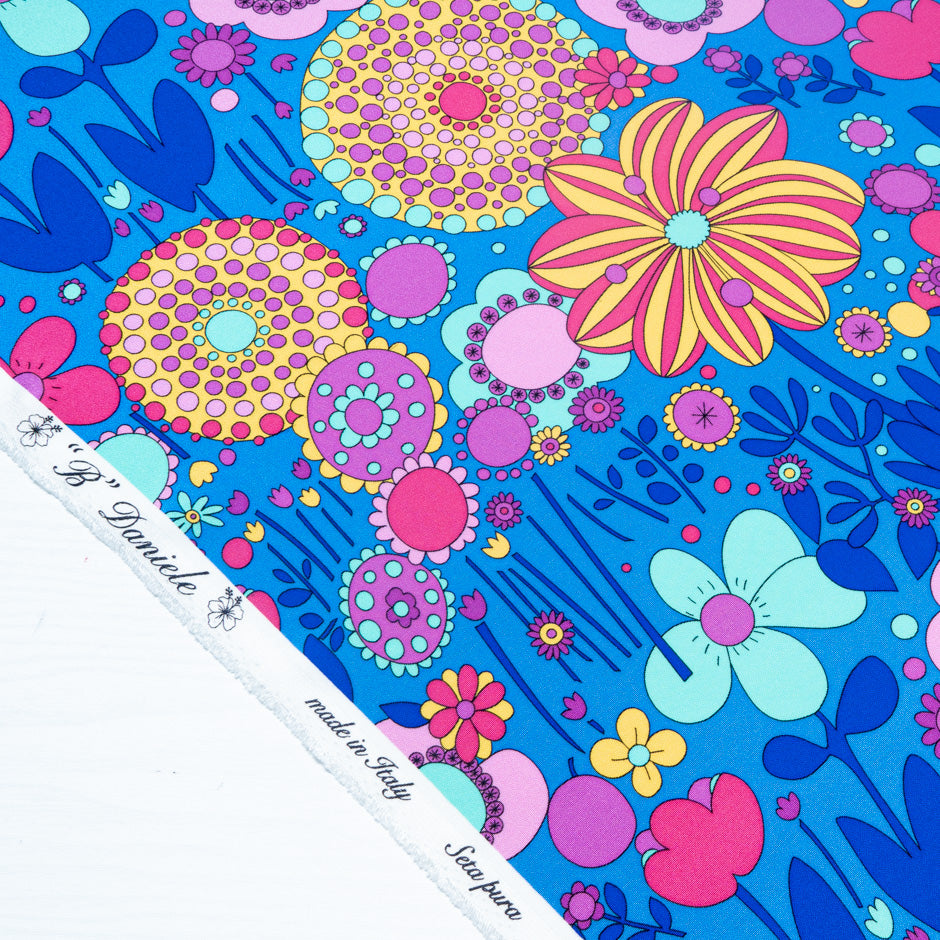 Multi-Coloured Retro Printed Blue Silk Crêpe