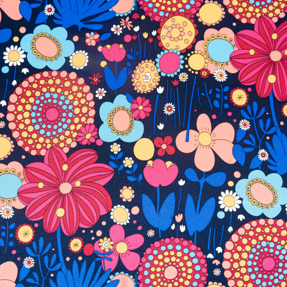 Multi-Coloured Retro Printed Dark Blue Silk Crêpe