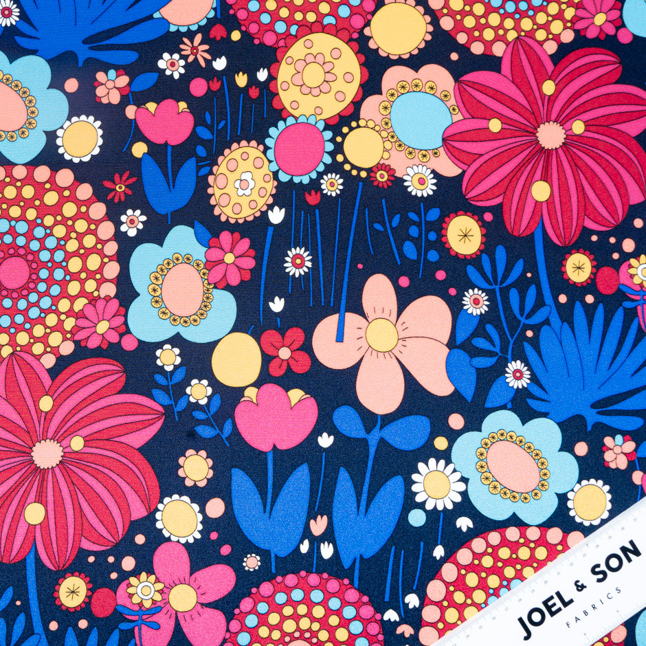 Multi-Coloured Retro Printed Dark Blue Silk Crêpe