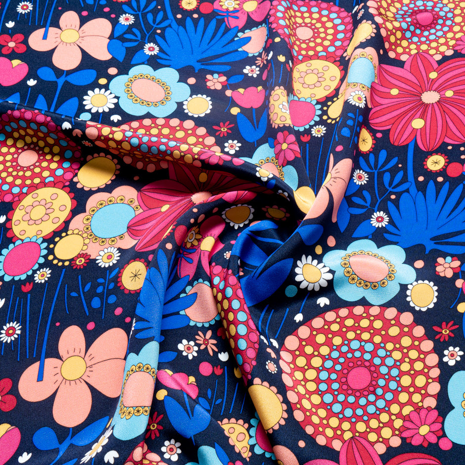 Multi-Coloured Retro Printed Dark Blue Silk Crêpe