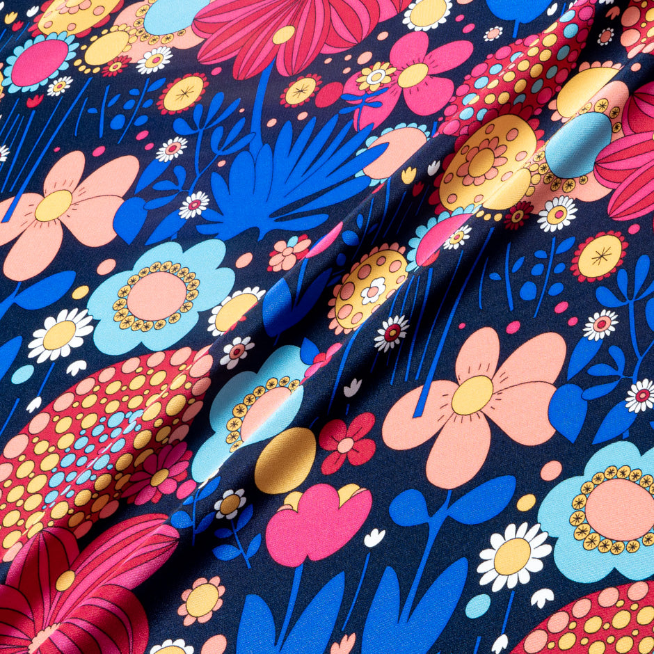 Multi-Coloured Retro Printed Dark Blue Silk Crêpe