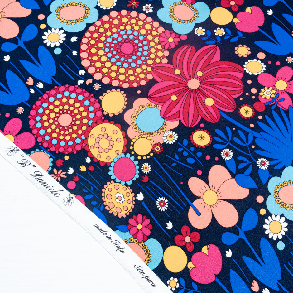 Multi-Coloured Retro Printed Dark Blue Silk Crêpe