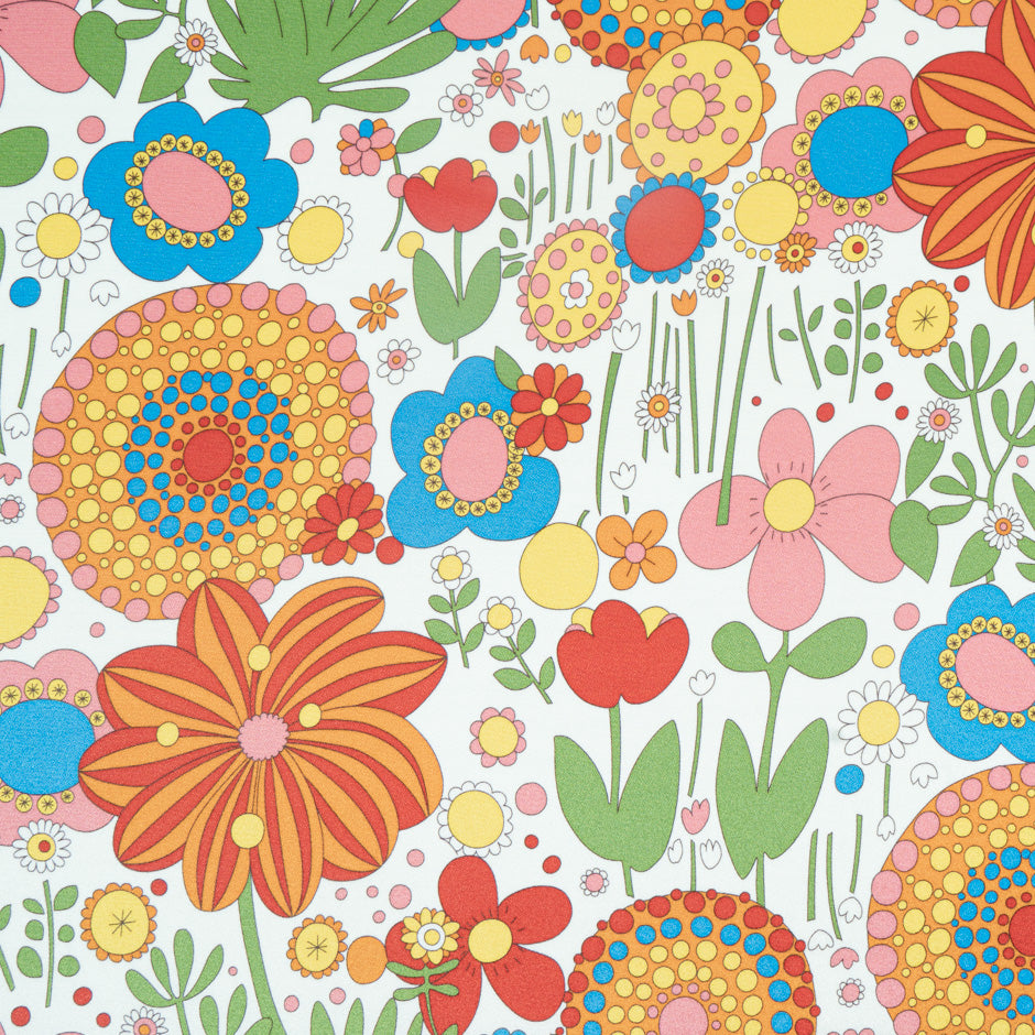 Multi-Coloured Retro Printed White Silk Crêpe