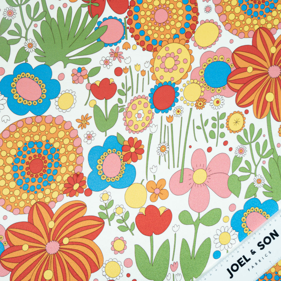 Multi-Coloured Retro Printed White Silk Crêpe