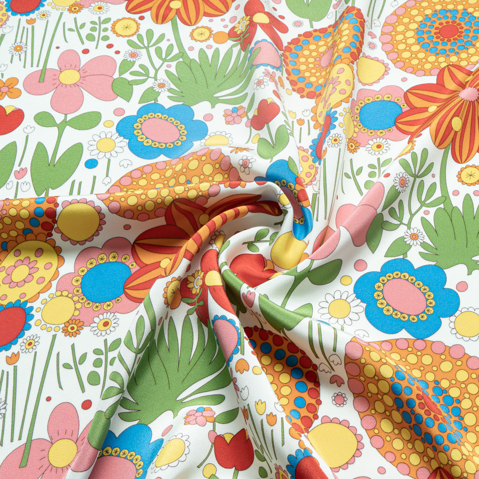 Multi-Coloured Retro Printed White Silk Crêpe