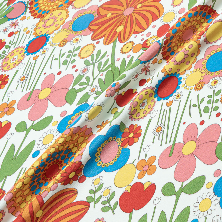 Multi-Coloured Retro Printed White Silk Crêpe