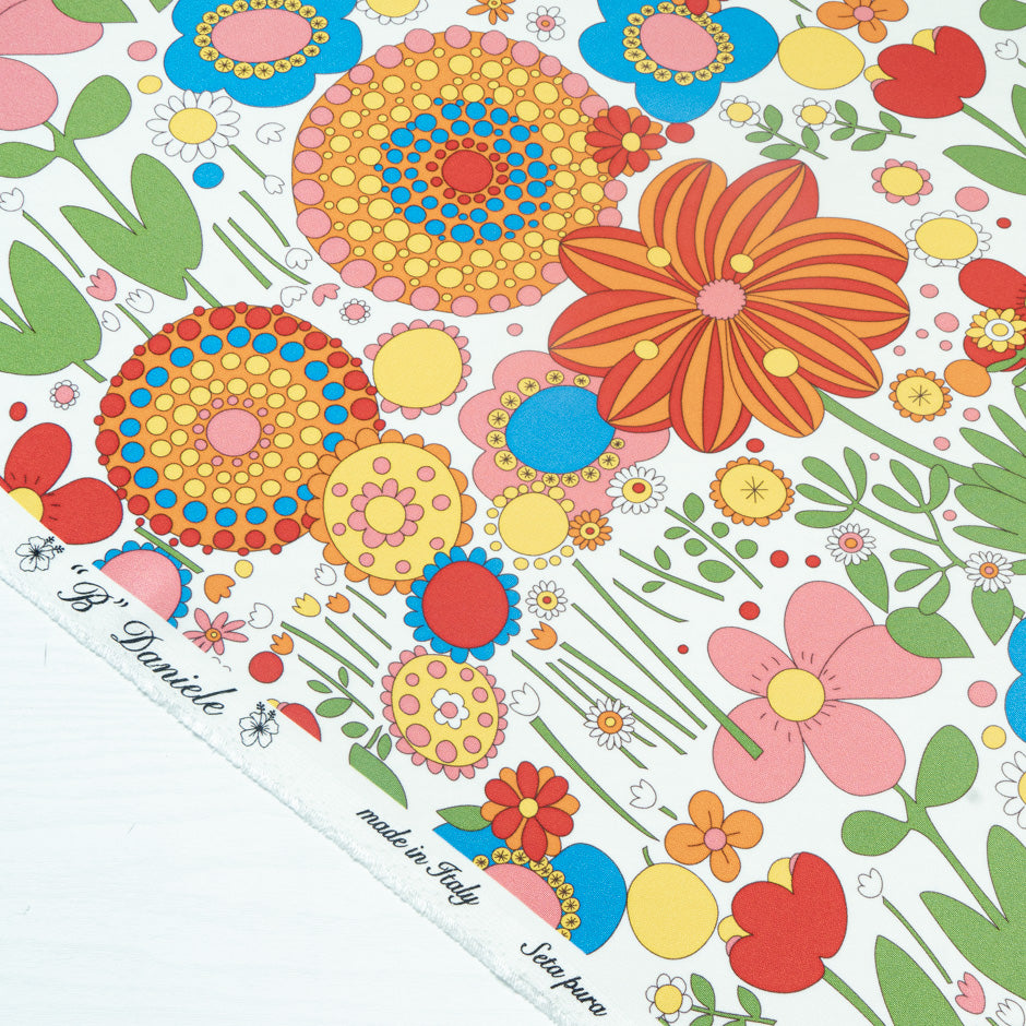 Multi-Coloured Retro Printed White Silk Crêpe