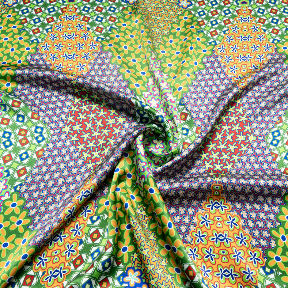 Orange & Green Geo Printed Pure Silk Satin