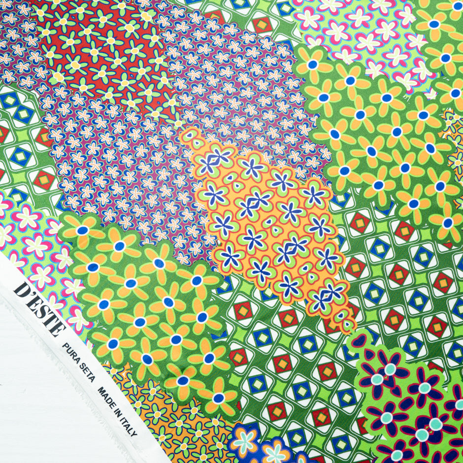 Orange & Green Geo Printed Pure Silk Satin