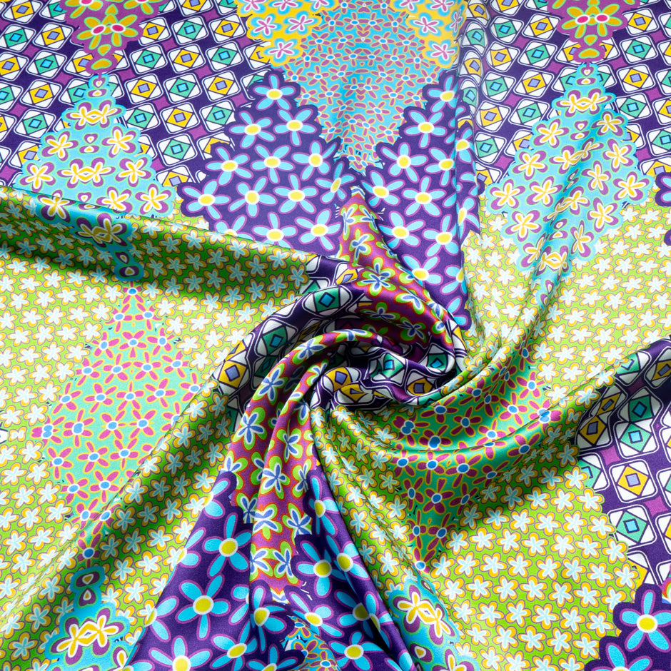 Multi Geo & Floral Printed Pure Silk Satin
