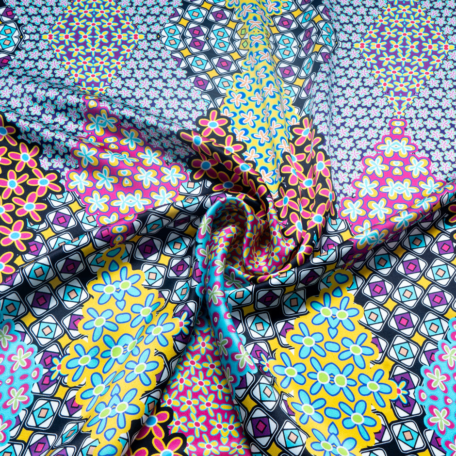 Black & Multi Geo & Floral Printed Pure Silk Satin
