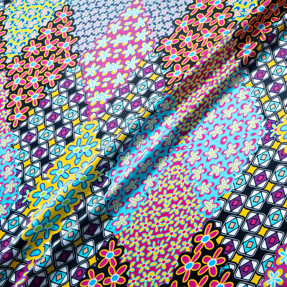 Black & Multi Geo & Floral Printed Pure Silk Satin