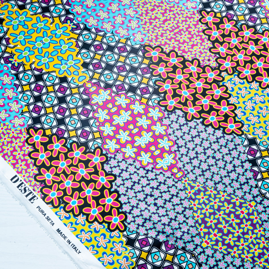 Black & Multi Geo & Floral Printed Pure Silk Satin