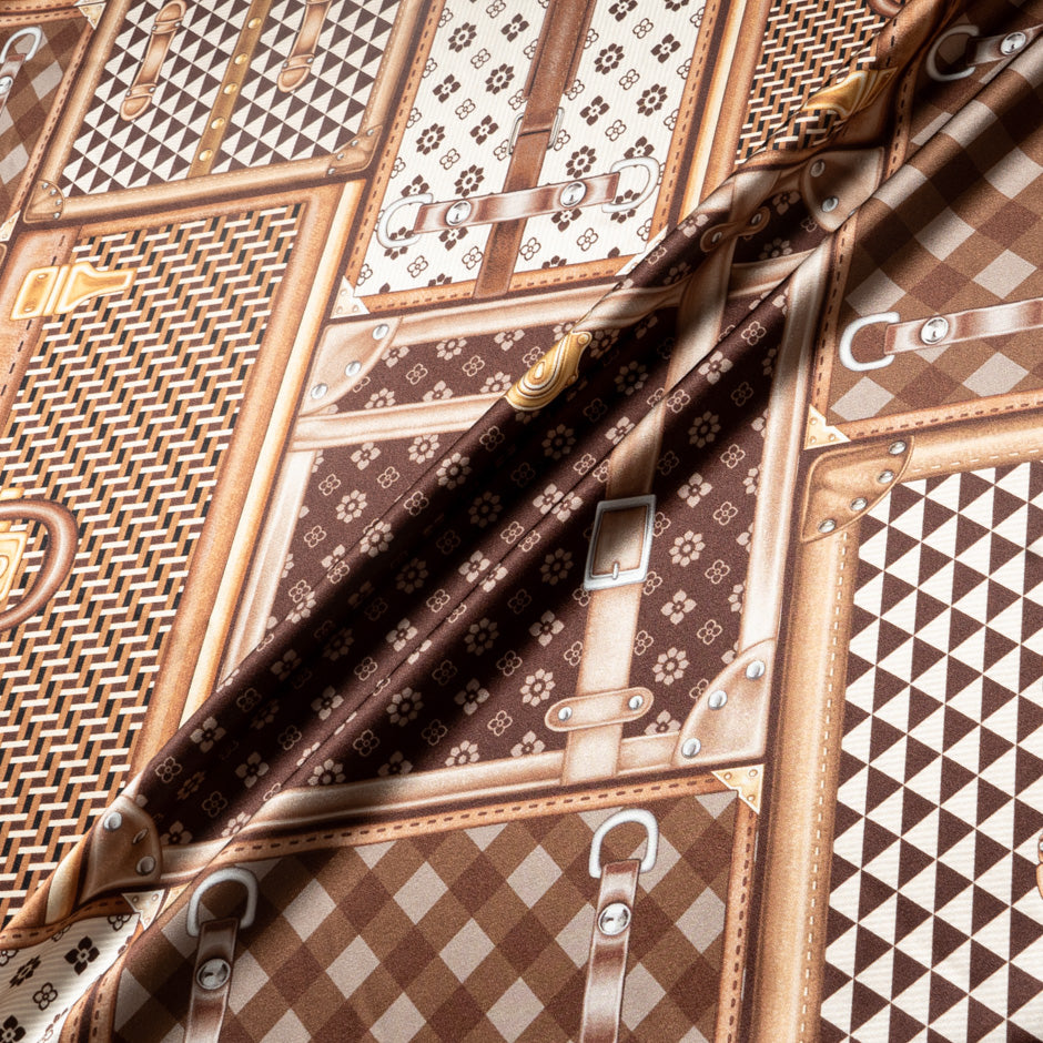 Brown 'Suitcase' Printed Stretch Silk