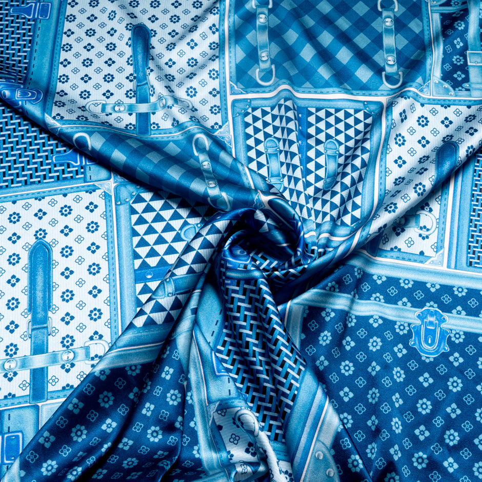Blue 'Suitcase' Printed Stretch Silk