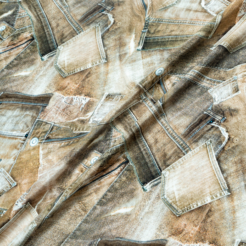 Brown Jeans Printed Pure Silk