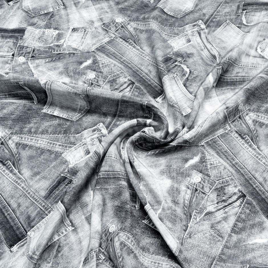 Grey Jeans Printed Pure Silk