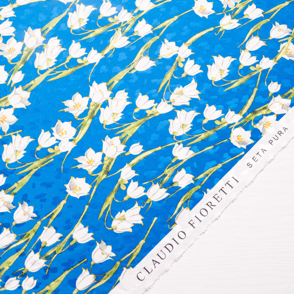 White Snow Drop Printed Rich Blue Silk Jacquard
