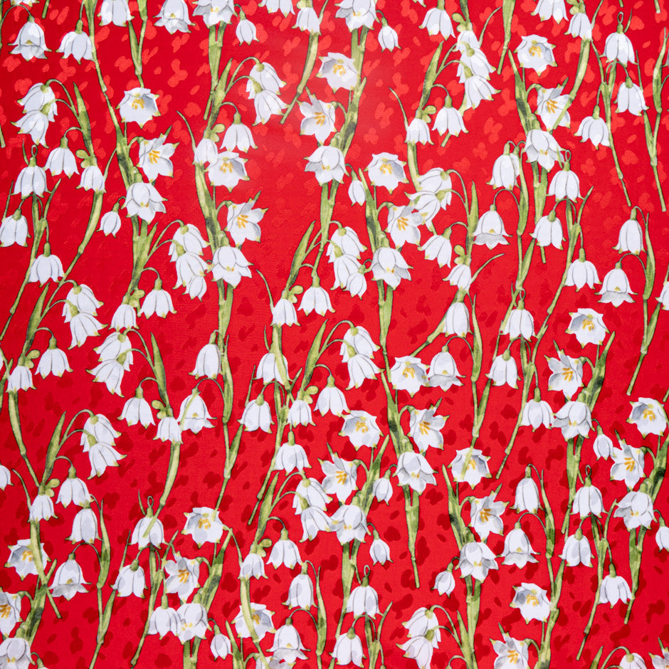 White Lily of the Valley Printed Rich Red Silk Jacquard