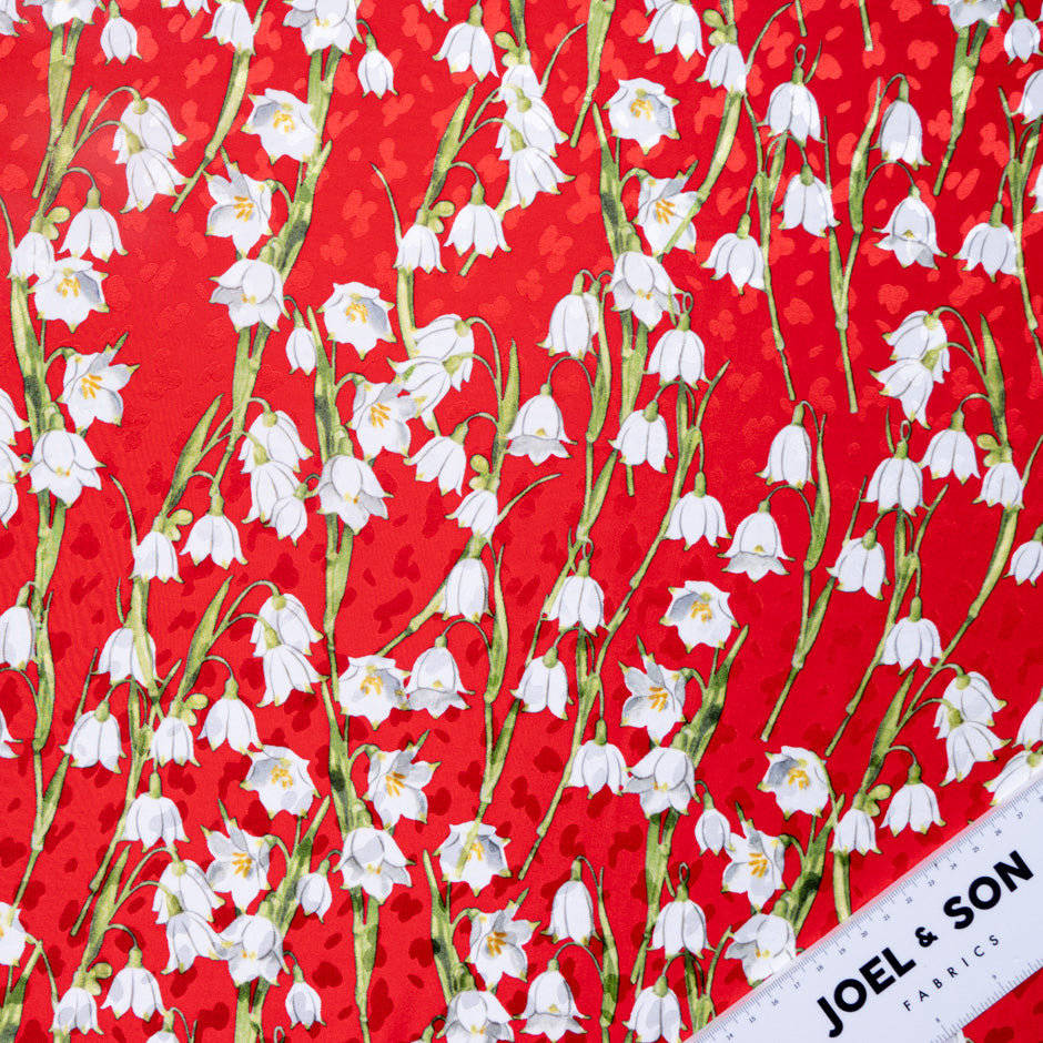 White Lily of the Valley Printed Rich Red Silk Jacquard