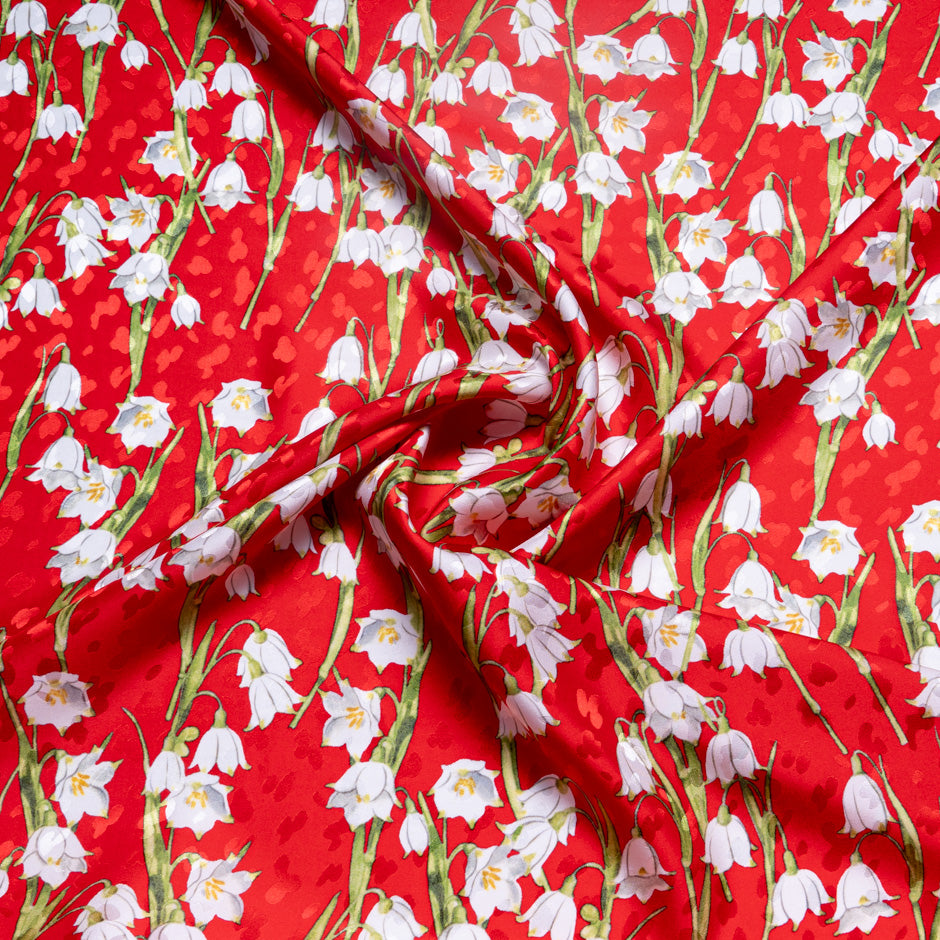 White Lily of the Valley Printed Rich Red Silk Jacquard