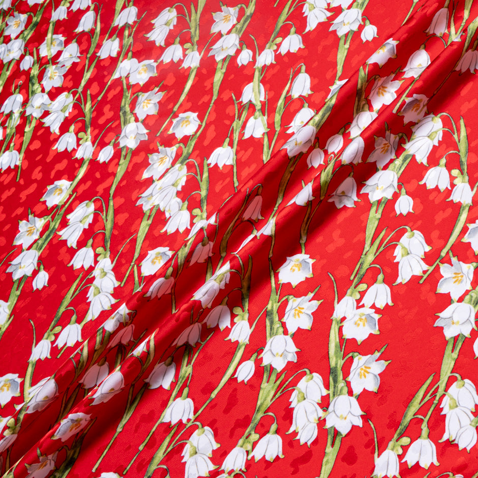 White Lily of the Valley Printed Rich Red Silk Jacquard