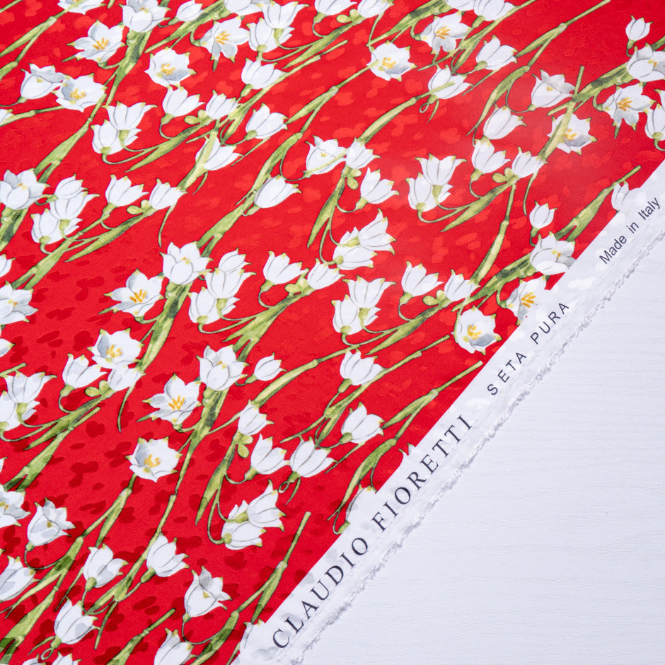 White Lily of the Valley Printed Rich Red Silk Jacquard