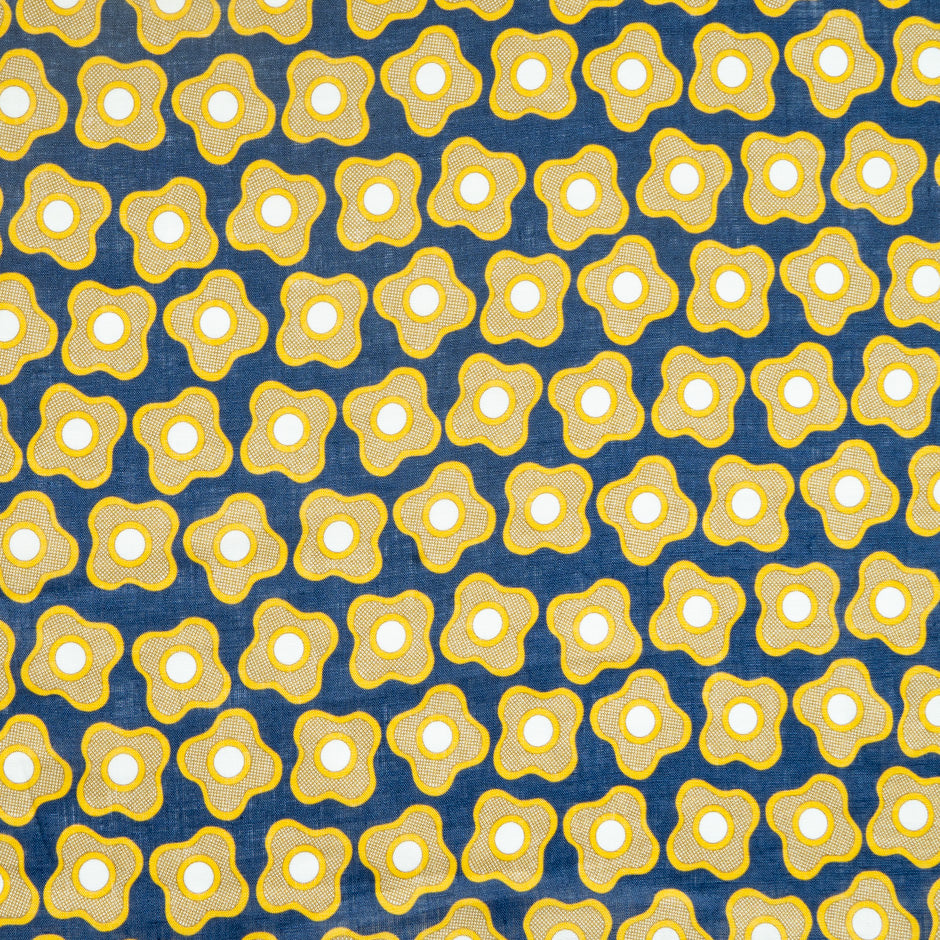 Yellow Floral Printed Blue Linen