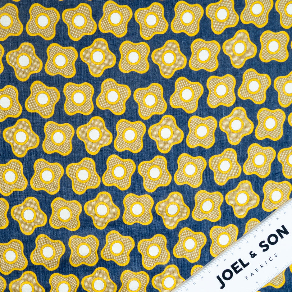 Yellow Floral Printed Blue Linen