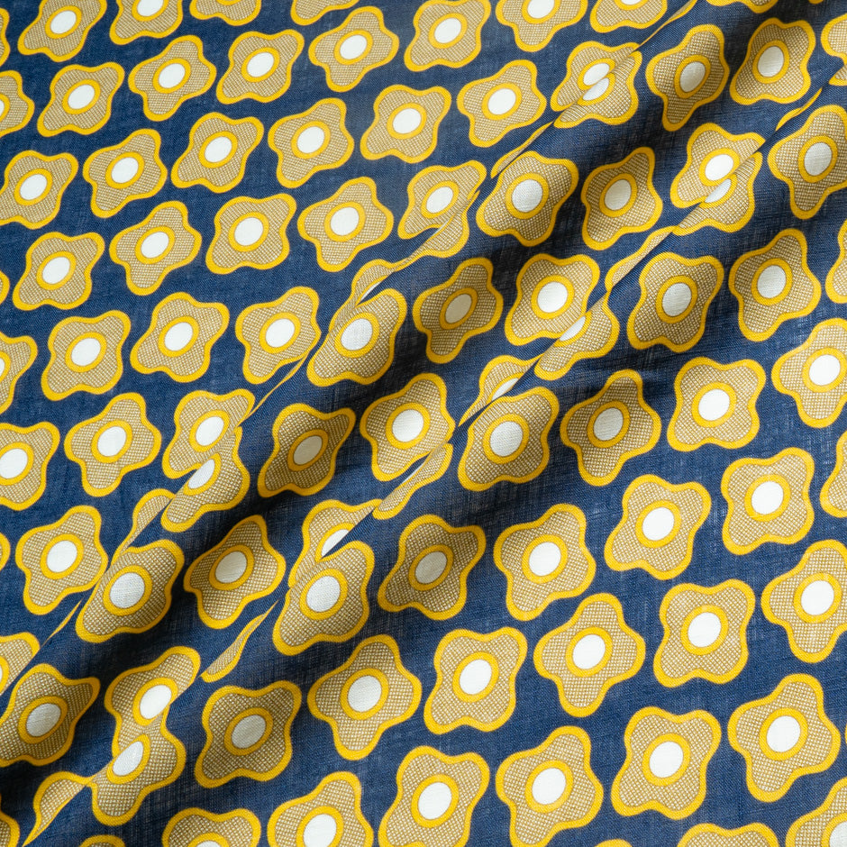 Yellow Floral Printed Blue Linen