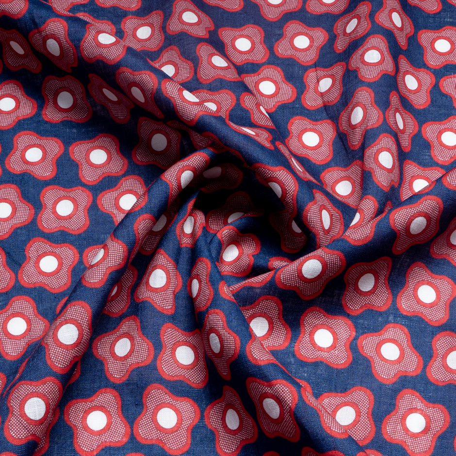 Red Floral Printed Blue Linen