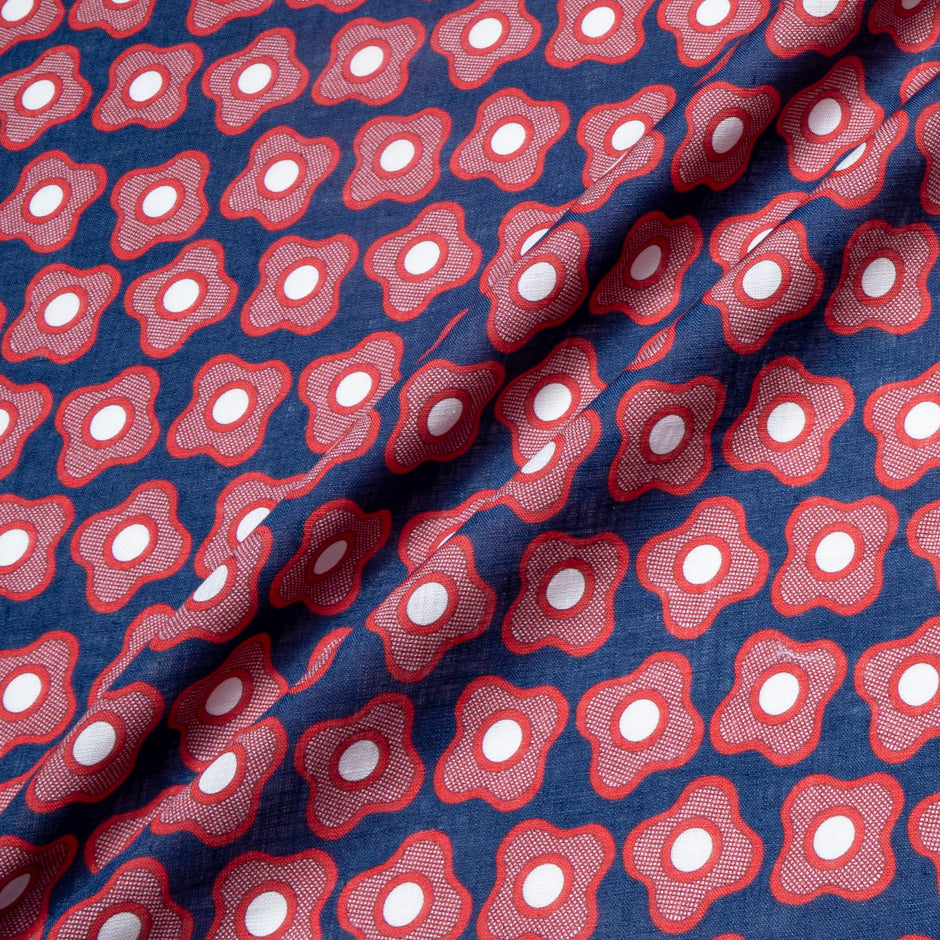 Red Floral Printed Blue Linen